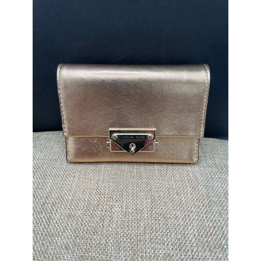 New Michael Kors Cece Small Pale Gold Leather Wallet Card Case